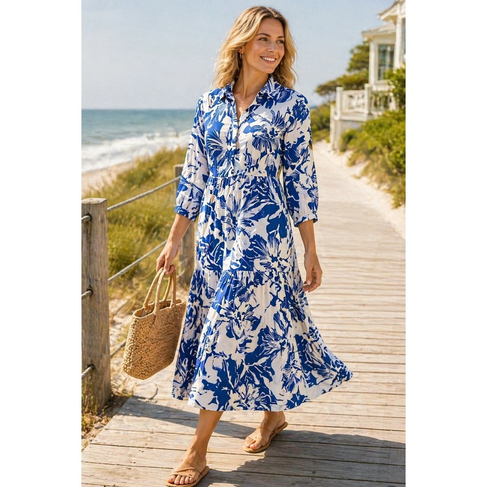 Maeve Anthropologie Midi‎ Dress Women XXS Blue White Floral Cotton Boho Coastal